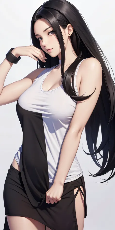 a drawing of a woman with long black hair and a white shirt, side boob, heavy gesture style closeup, flat anime style shading, full body illustration, extra detail, clean detailed anime style, wearing a white tanktop, wearing tanktop, thick border lines