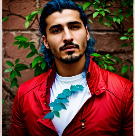 arafed man with long blue hair and a red jacket standing in front of a bush, headshot profile picture, sayem reza, profile shot, a man wearing a red jacket, taken in the early 2020s, avan jogia angel, shabab alizadeh, around 1 9 years old, mohamed chahin, ...
