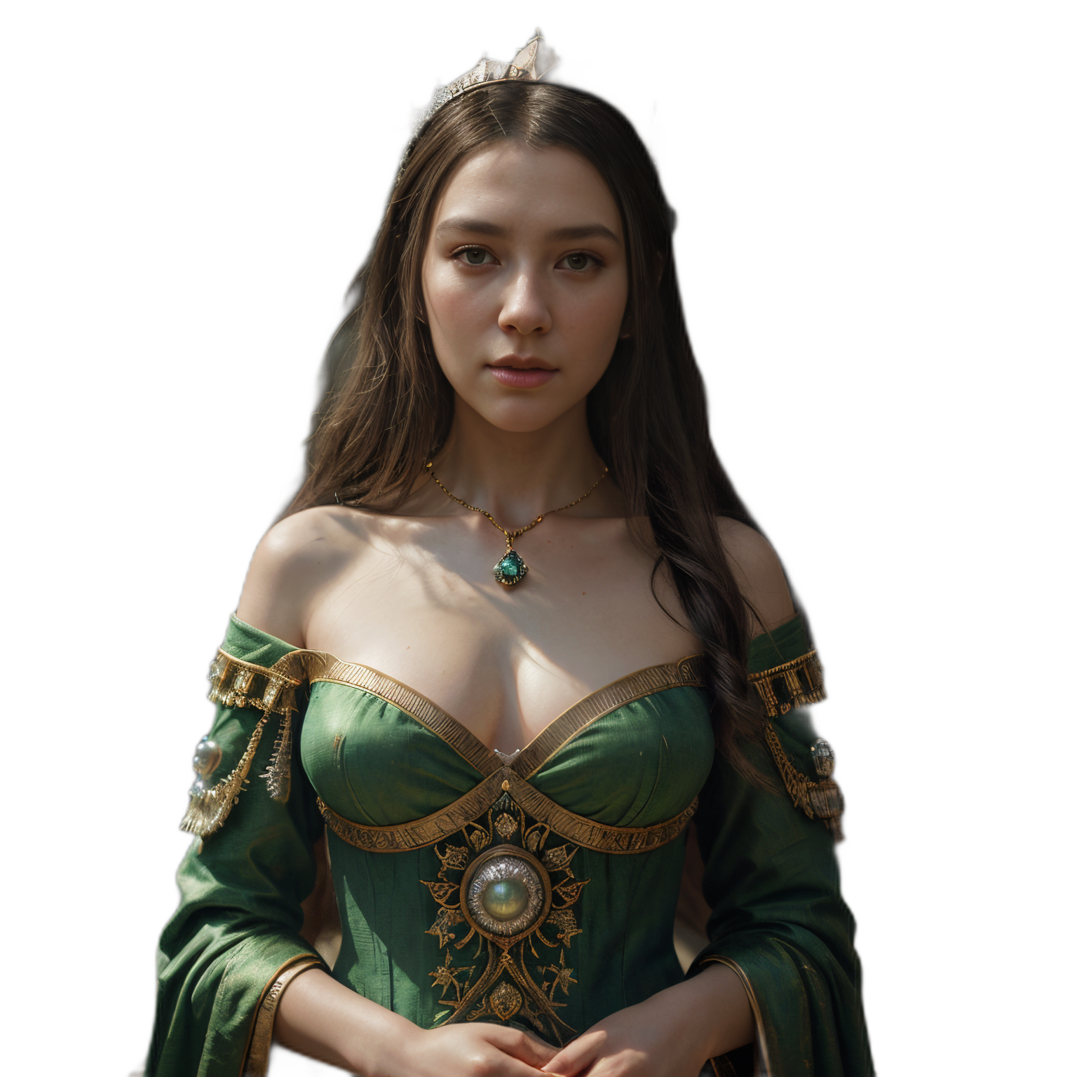 Close-up of a woman in a green dress holding a book, a character portrait inspired by Magali Villeneuve, Hot topics on artstation, Fantasyart, portrait of an elf queen, Belle peinture de personnage, Stunning character art, Epic and beautiful character art, blond-haired princess, medieval princess, fairy queen, fantasy art style, Side portrait of elven royalty