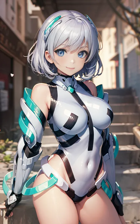 lightsmile, deva battle suit, outdoors, silver hair, bobhair, blue eyes, waist shot