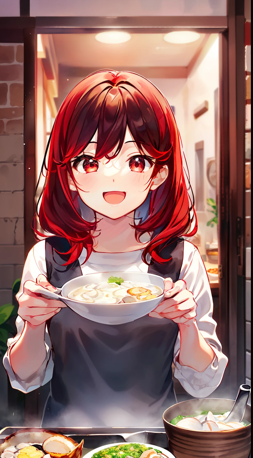 (Clam chowder、two dimensional cuisine、delicious and unique、happy mood、1 girl in)、(real  face、(A dark-haired:1.2+Red-haired:1.2)、Beautiful lights and shadows、smooth and natural、Beautiful fece、high-level image quality:1.1)