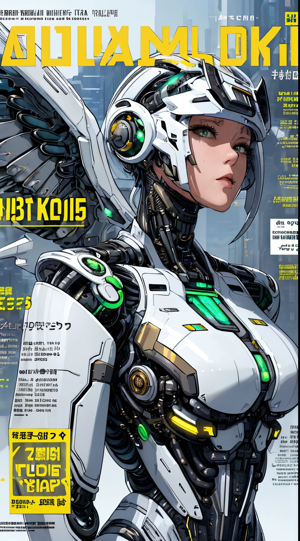 masterpiece,  (best quality), (ultra-detailed), (ultra-realistic:1.2), landscape,  sci-fi, transistorpunk,  cyberpunk, biopunk, (magazine cover:1.4), (gray, white), female huge robot, visor, earring, mechanical angel wings on the back, angel wings,  future town, dynamic pose, dynamic angle, small breasts, luxury, (gold, silver, green), neon