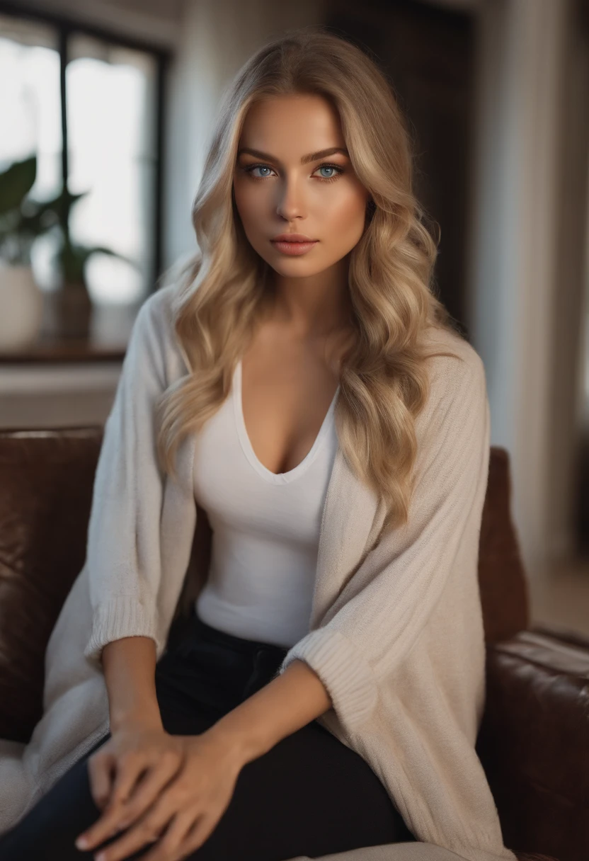 A close up of a woman sitting on a couch with a white shirt - SeaArt AI