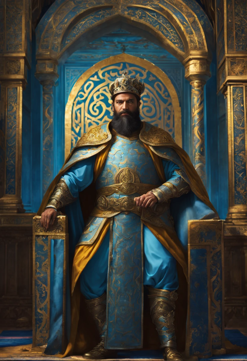 old king (a powerful, golden-crowned king with a majestic beard and fierce gaze),(radiant, glowing, and vibrant colors),(a magnificent, otherworldly palace with sleek, neon blue architecture),(intricate Persian tapestries and carpets adorning the walls and floors),(ornate and intricately patterned golden trims and details),(detailed and elaborate silver armor),(a pulsating Tron-like grid surrounding the king and his surroundings),(a fusion of ancient Persian and futuristic elements),(a sense of grandeur and regality),(immersive lighting casting dramatic shadows and highlighting the king's features)