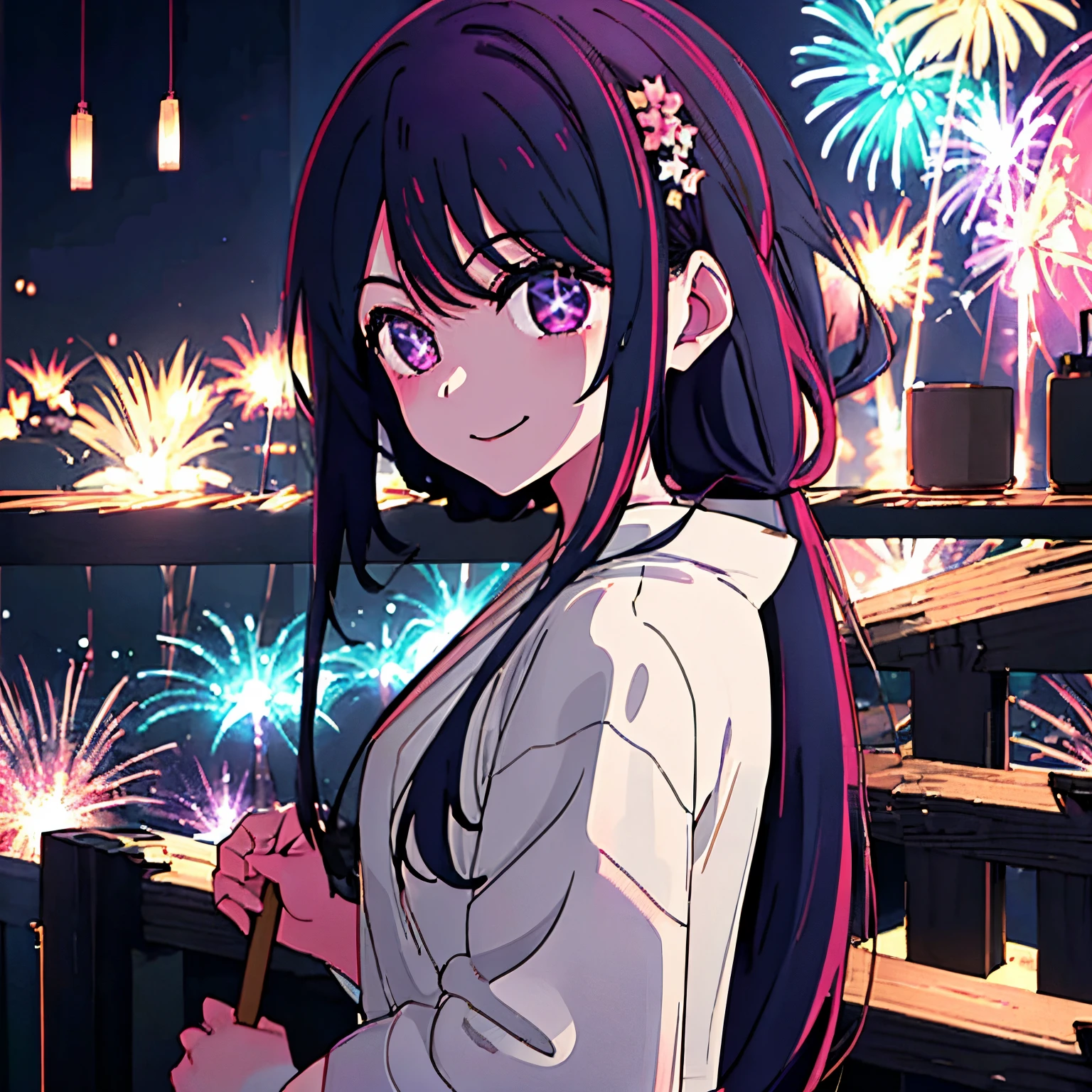 fireworks background at night, Hoshino Ai, yukata, If you look back to the front, you are smiling. The black sky takes up almost the entire background.