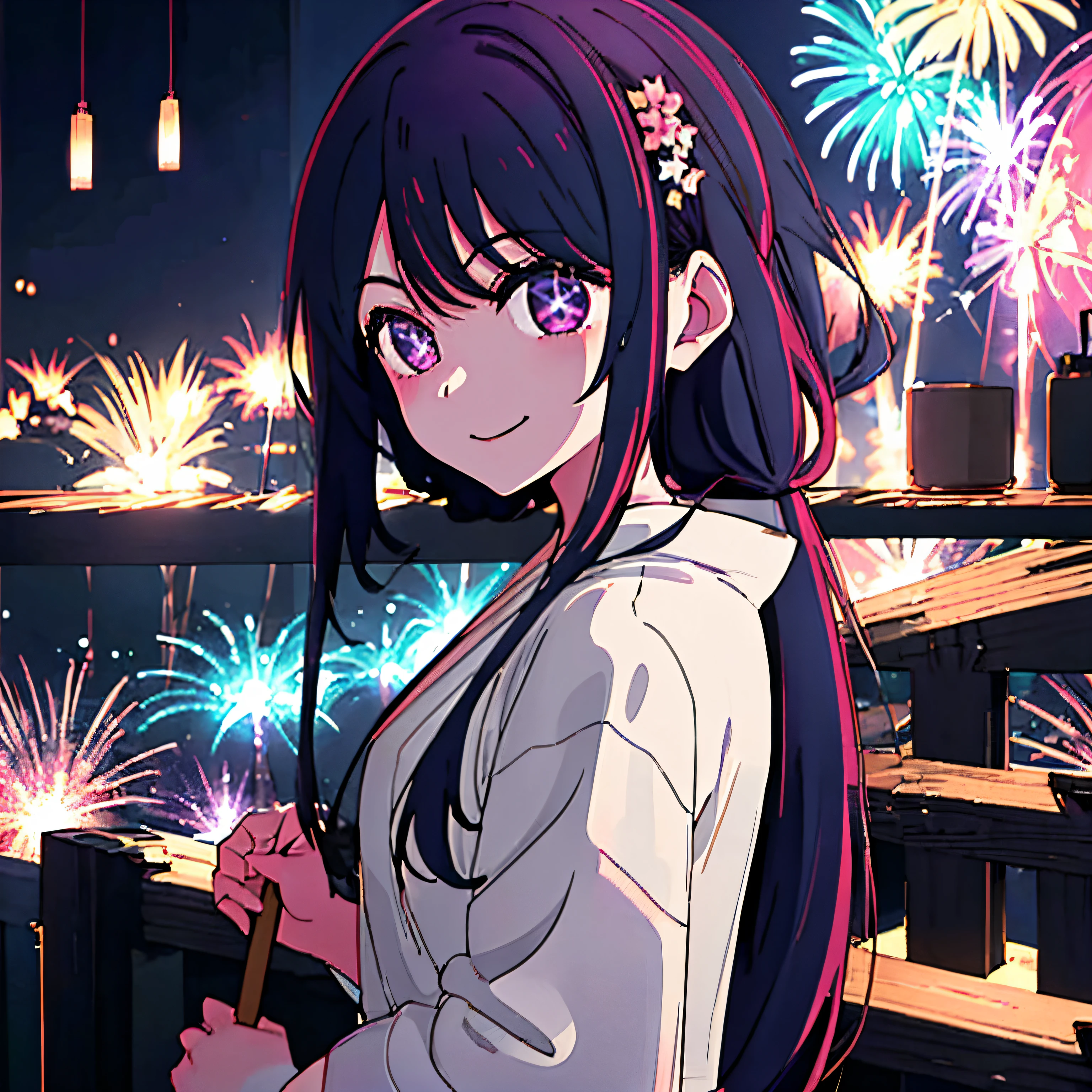 fundo de fogos de artifício à noite, Hoshino Ai, yukata, Se você olhar de volta para a frente, Você está sorrindo. O céu negro ocupa quase todo o fundo.