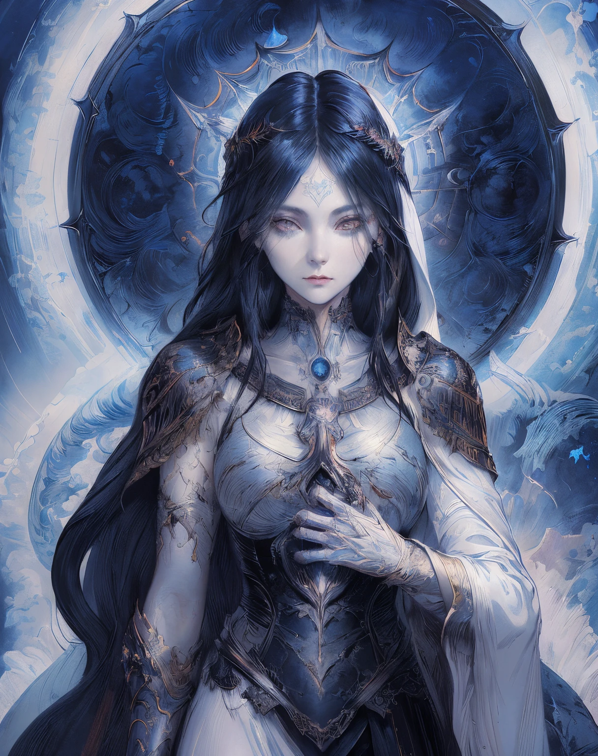 close-up of a woman in a white robe on a light background, omen from valorant, Beautiful woman with blue long hair - goddess of light, dark fantasy style art, Dark art style, painted in the style arcane, alphonse mucha and rossdraws, in style of dark fantasy art, eerie and grim art style, occult details, eerie art style, dan mumford tom bagshaw, 4k, tmasterpiece, higly detailed, face covered with robe, closed dress, All the details, Crystal Eyes, church, White mantle, white church robe, clasped hands, prayer