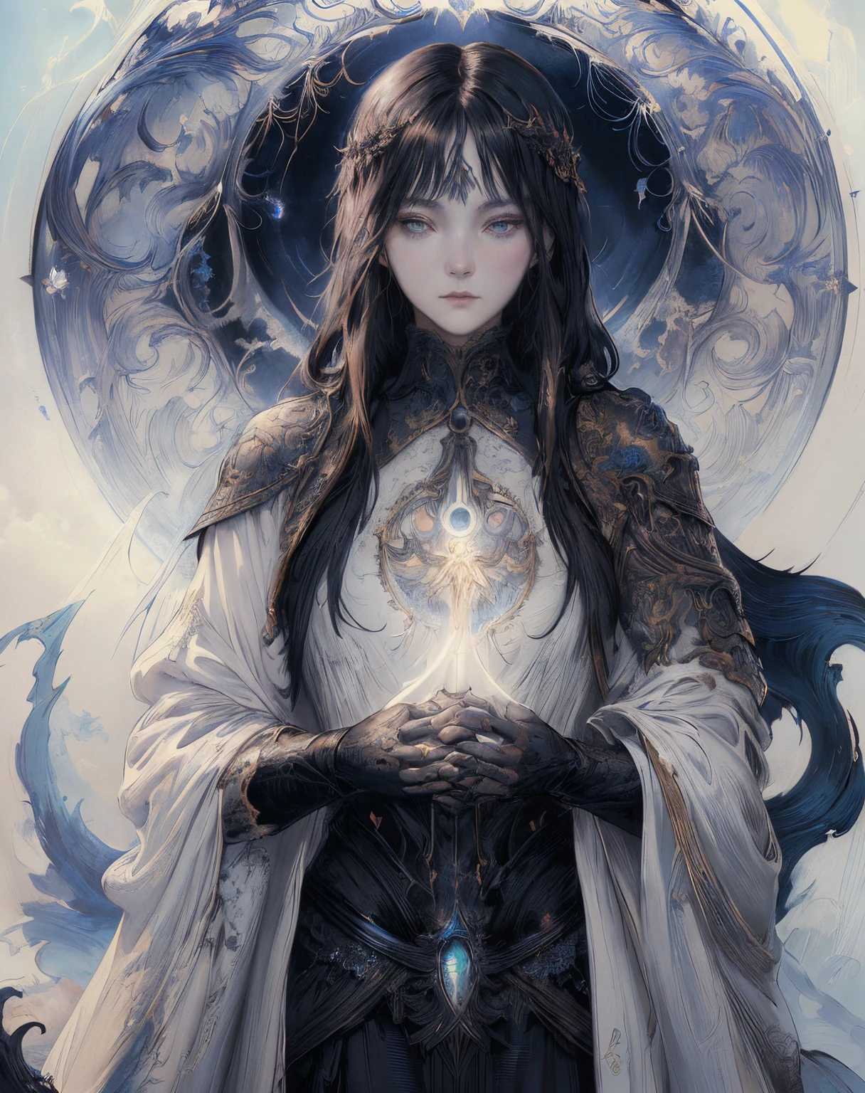 close-up of a woman in a white robe on a light background, omen from valorant, Beautiful woman with blue long hair - goddess of light, dark fantasy style art, Dark art style, painted in the style arcane, alphonse mucha and rossdraws, in style of dark fantasy art, eerie and grim art style, occult details, eerie art style, dan mumford tom bagshaw, 4k, tmasterpiece, higly detailed, face covered with robe, closed dress, All the details, Crystal Eyes, church, White mantle, white church robe, clasped hands, prayer