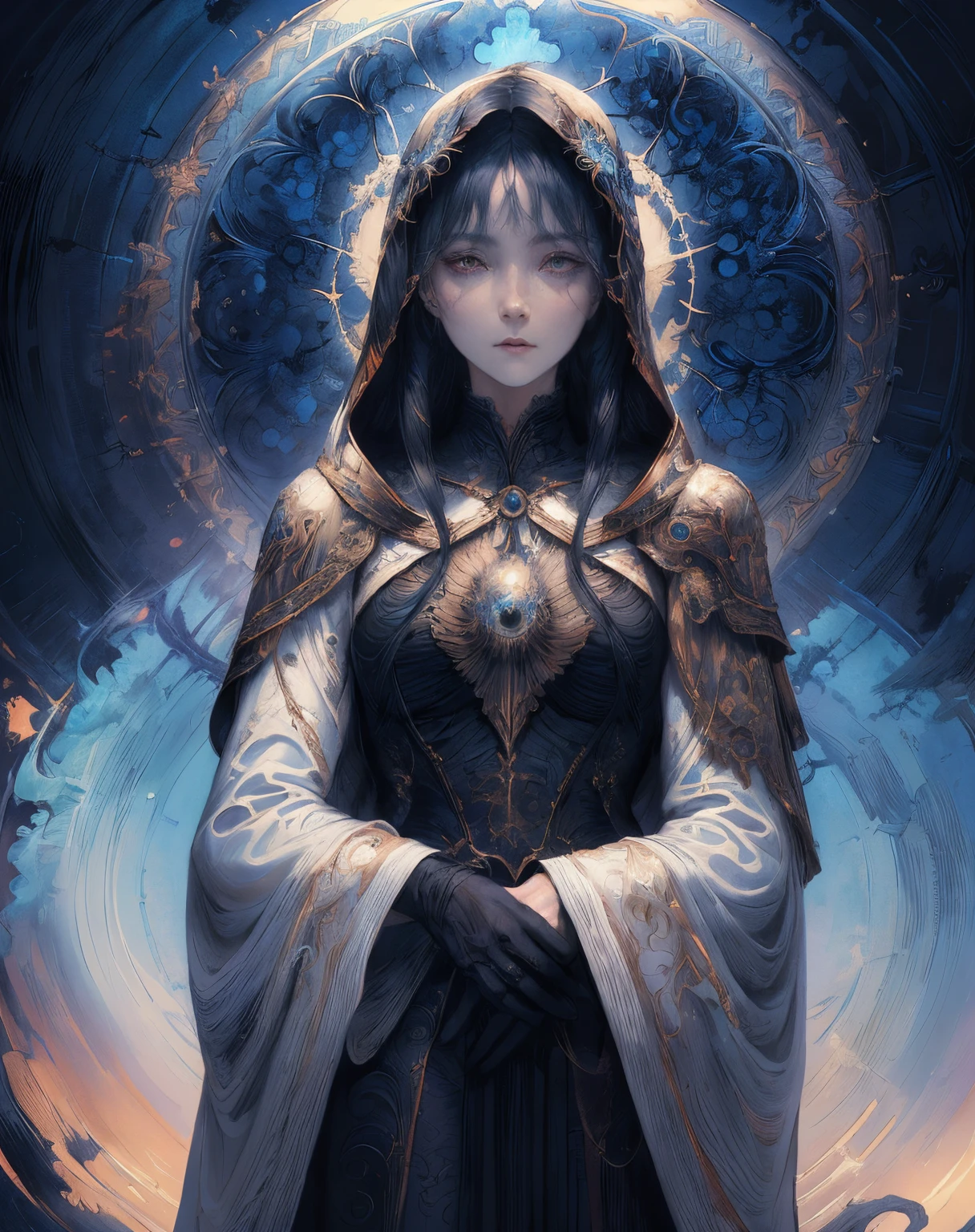 close-up of a woman in a white robe on a light background, omen from valorant, Beautiful woman with blue long hair - goddess of light, dark fantasy style art, Dark art style, painted in the style arcane, alphonse mucha and rossdraws, in style of dark fantasy art, eerie and grim art style, occult details, eerie art style, dan mumford tom bagshaw, 4k, tmasterpiece, higly detailed, face covered with robe, closed dress, All the details, Crystal Eyes, church, White mantle, white church robe, clasped hands, prayer