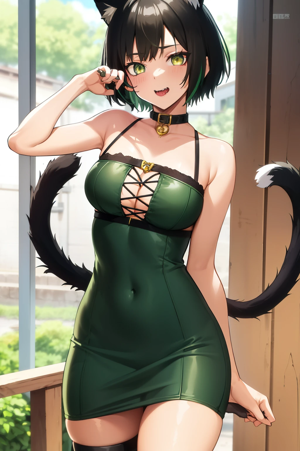 Cute girl, dark green hair, yellow eyes, short hair, cat ears - SeaArt AI