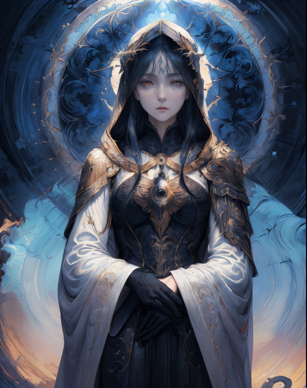 close-up of a woman in a white robe on a light background, omen from valorant, Beautiful woman with blue long hair - goddess of light, dark fantasy style art, Dark art style, painted in the style arcane, alphonse mucha and rossdraws, in style of dark fantasy art, eerie and grim art style, occult details, eerie art style, dan mumford tom bagshaw, 4k, tmasterpiece, higly detailed, face covered with robe, closed dress, All the details, Crystal Eyes, church, White mantle, white church robe, clasped hands, prayer