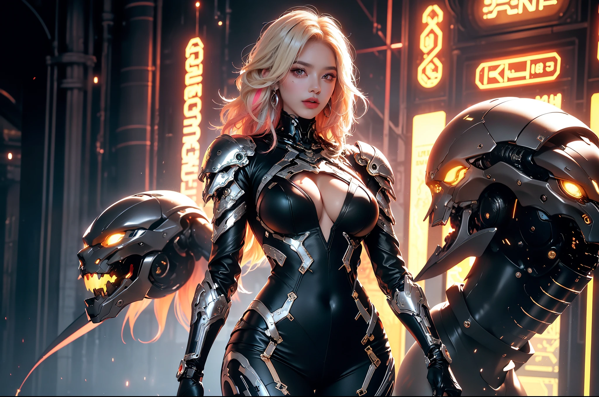 (masterpiece), best quality, expressive eyes, perfect face, beautiful details face, beautiful round eyes, full body, A beautiful mature woman in cyber armour suit shows her Extremely busty and attractive breasts, (arrogant face), (platinum red hair), (pixie cut, streaked hair, expressive hair, shiny hair, glowing hair, multicolored hair, gradient hair, colored inner hair, straight hair, very short hair), fair skin, (beautiful detailed full bodysuit:1.3), (full body cyber armour),(cybernetic wings:1.2, mechanical wing:1.2), glowing and shining armour, silver and orange cyber armour, (Edge lights:1.3), (silver and orange colour scheme:1.3), neon light on armor, beautiful details eyes, (purple eyes:1.3), (glowing eyes:1.2), (Gigantic saggy breasts:1.5), tight breasts, thick body, (well accentuated curves), pink lips, (silver nails), mascara, Long eyelashes, eyeliners, (Extremely wide well defined hips:1.3), (beautiful massive thick thighs:1.3), slender figure, (Extremely detailed skin texture:1.2), beautiful detailed realistic muscle definition, glowing light that shimmer, high detailed eyes, ultra-high quality model, proportionate, intense colouration fantasy, (background fantasy cyber city), orange and gold tetradic colours, random poses, earrings, (1girl), solo, cowboy shot, shine