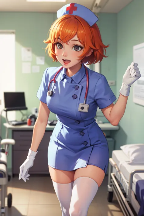 1girl, solo, nurse, nurse cap, white wear, ((white legwear, zettai ryouiki)), white gloves, very short hair, orange hair, smile,...