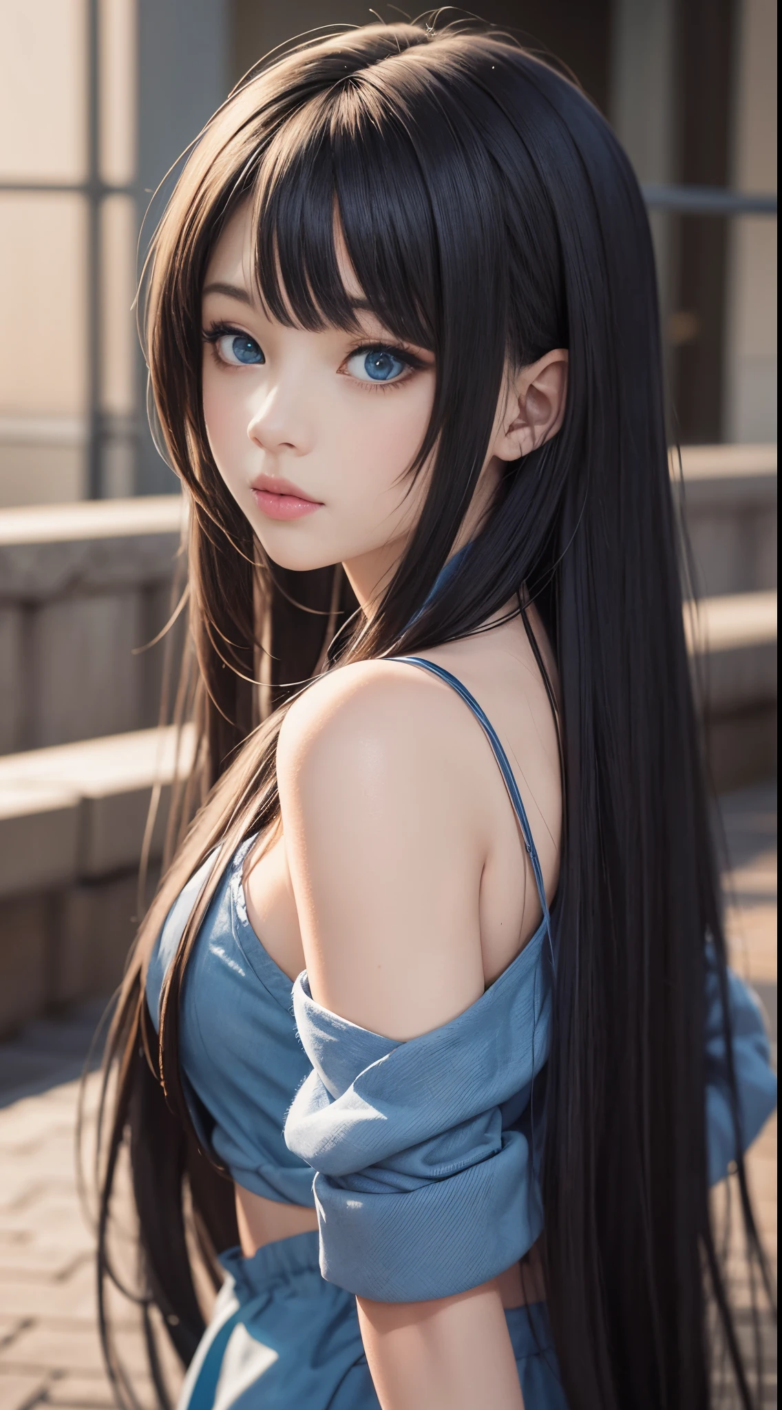 A close up of a woman with long black hair and blue eyes - SeaArt AI