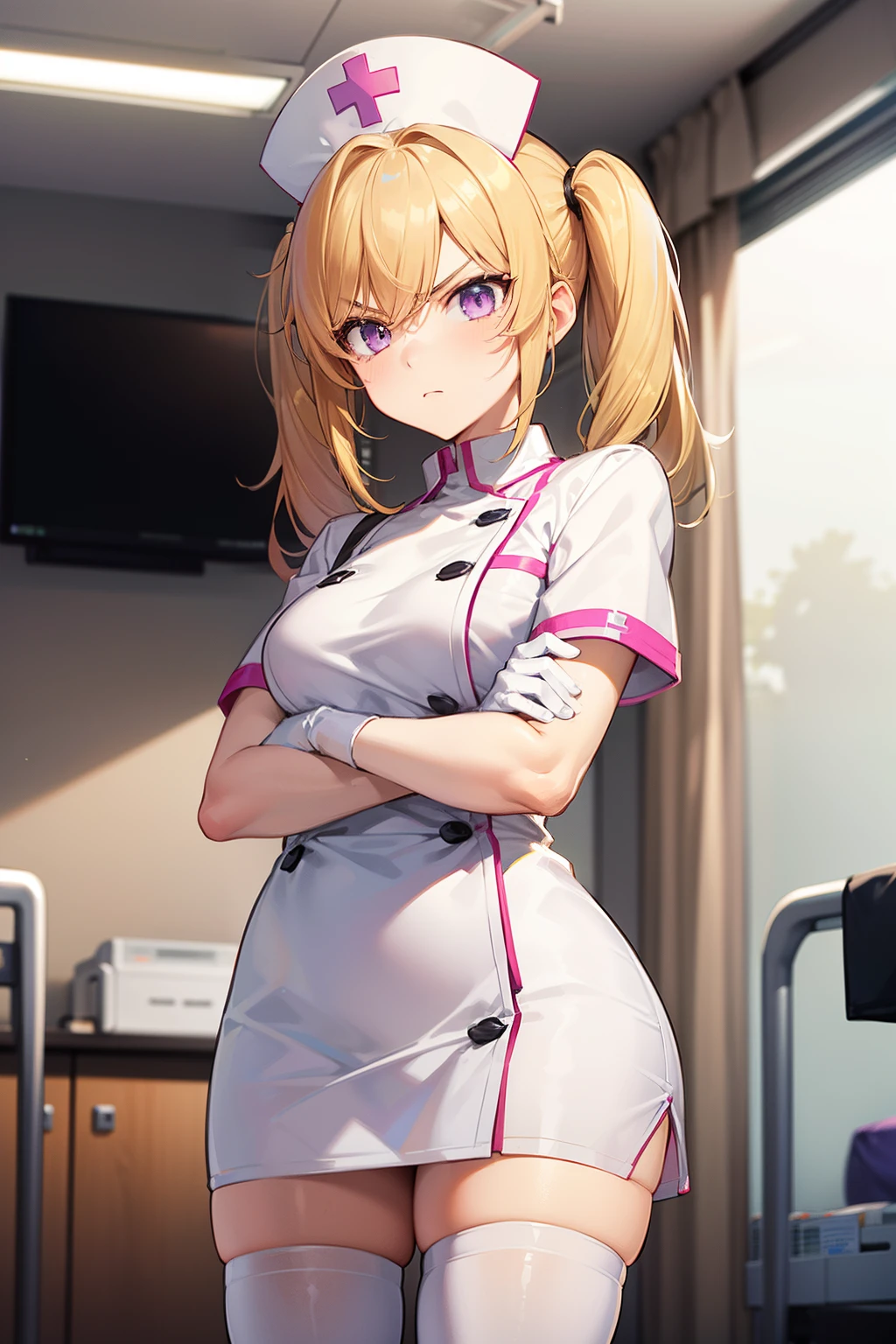 1girl, solo, nurse, nurse cap, white wear, ((white legwear, zettai ryouiki)), white gloves, twintails, yellow hair, purple eyes, angry, crossed arms, standing, ((hospital room)), sharp outline, short sleeves, best quality, masterpiece
