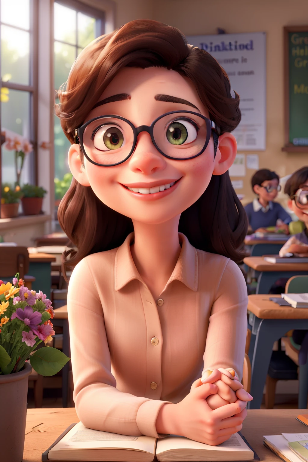 highres,realistic,portrait,detailed eyes,detailed lips,wearing glasses,smiling,holding hands,bright colors,soft lighting,beautiful garden background,subtle bokeh,warm tones,teacher-themed props,books on a table,school blackboard,joyful atmosphere,loving expression,natural poses,attractive features,casual attire,cheerful mood,vibrant greenery,fresh flowers in the garden,warm sunlight,harmonious composition