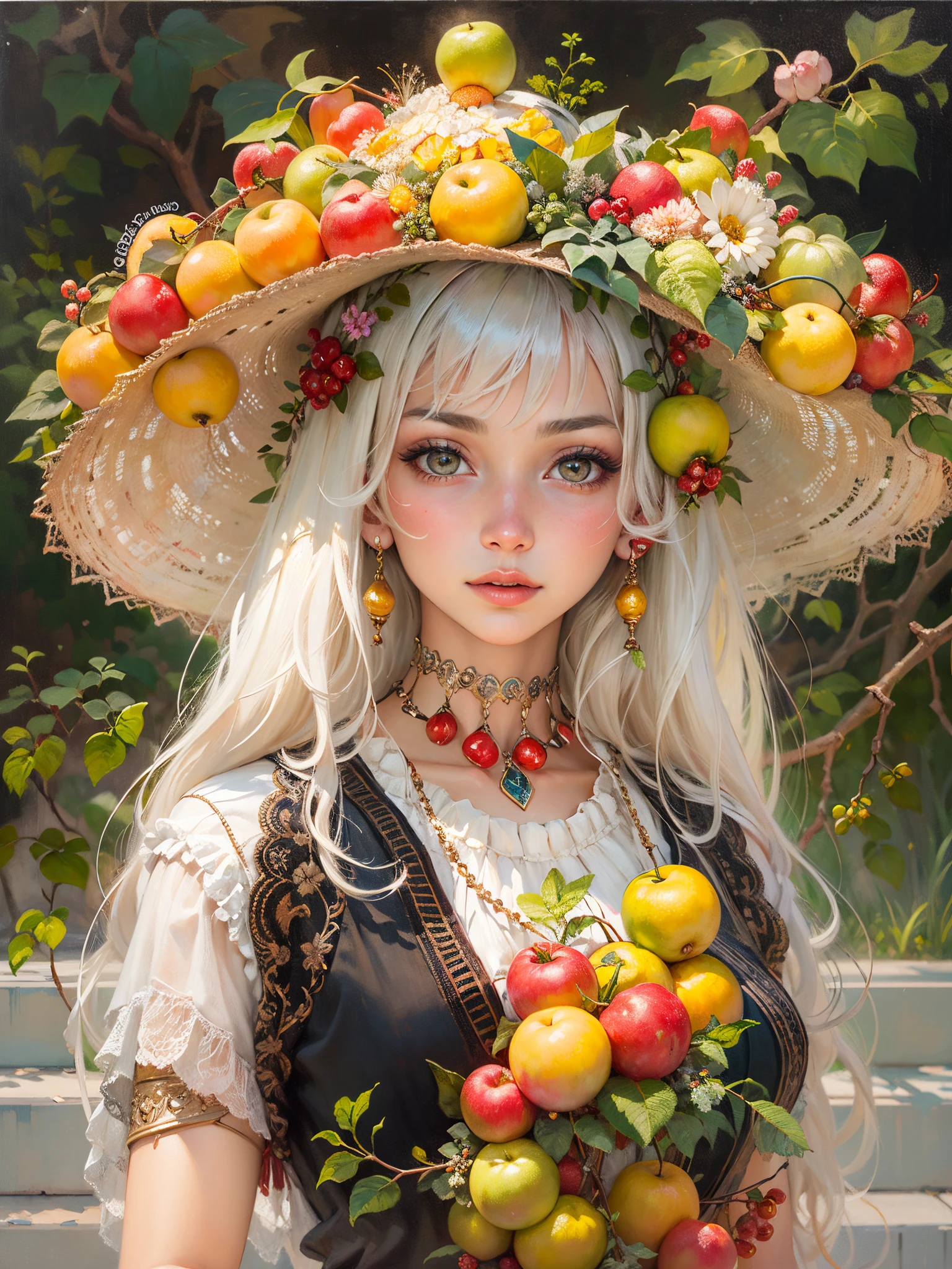 une peinture à l&#39;huile，Belle fille portant un chapeau de fleur de fruit, Oeuvre de style Guviz,，créativité artistique:1.37