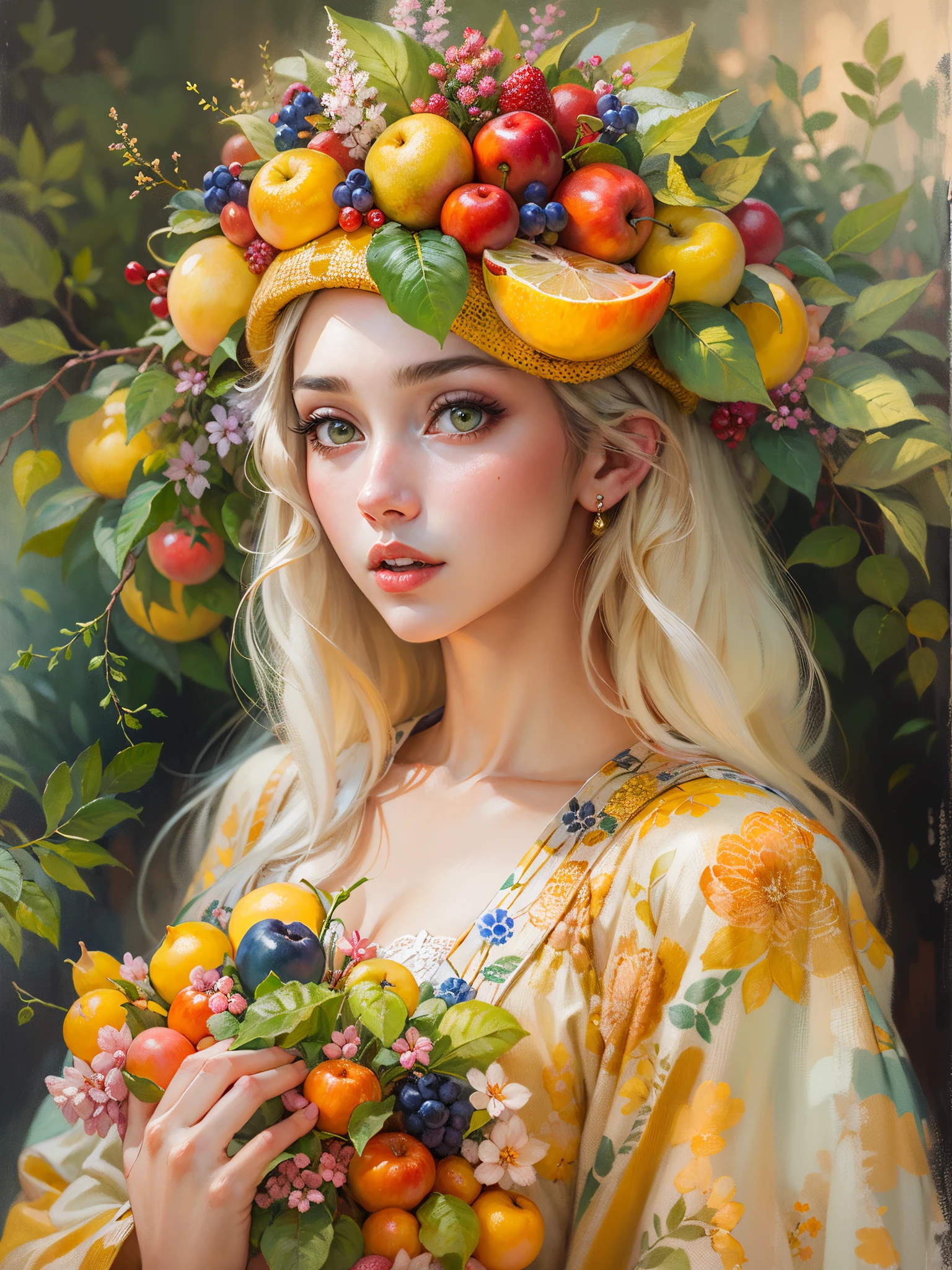 una pintura al óleo，Hermosa chica con sombrero de flores de frutas, Obra de arte estilo Guviz,，creatividad artística:1.37