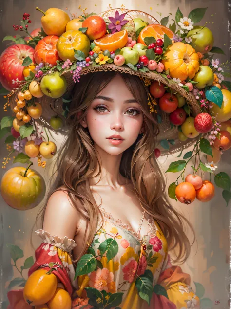 an oil painting，Beautiful girl wearing fruit flower hat, Guviz style artwork,，Artistic creativity:1.37
