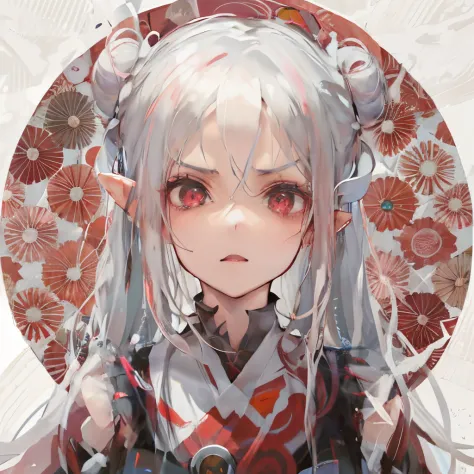 anime girl with long white hair parted in the middle, hair split in the middle with buns and pink eyes angry eyebrows elf ears, ...