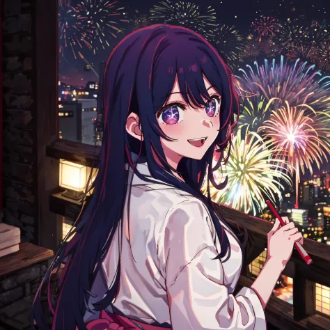 fireworks background at night, hoshino ai, yukata, when i look ahead again, you are smiling. the black sky takes up almost the e...