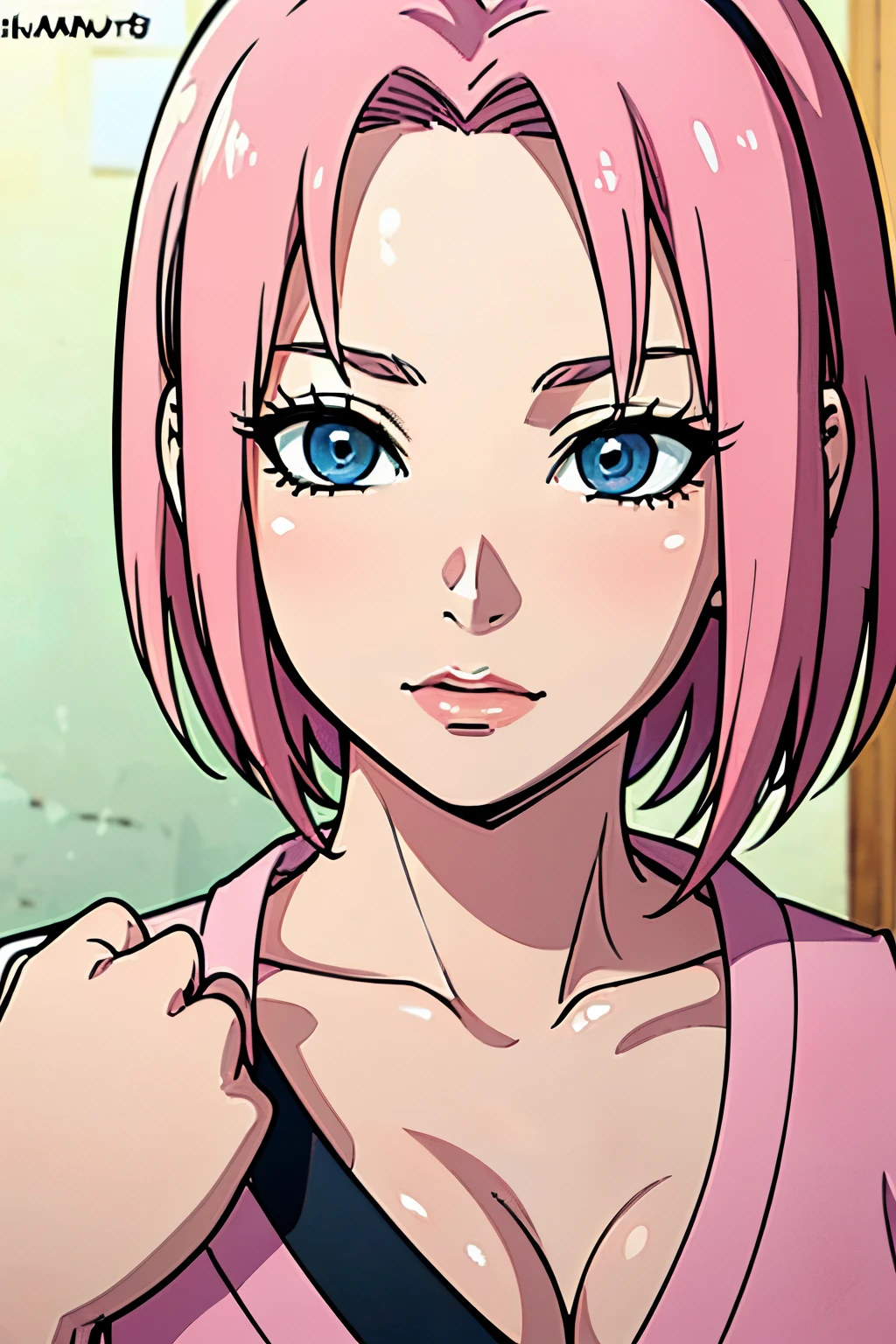 ((ultra quality)), ((tmasterpiece)), Sakura haruno, ((Pink, Short Hair Hair)), Beautiful cute face, beautiful female lips, charming beauty, ((Kind expression on his face)), seductively looking at the camera, slightly closed eyes, ((Skin color: white)), Body glare, ((detailed beautiful female eyes)), ((big blue eyes)), beautiful female hands, ((perfect female figure)), ideal female body shapes, Beautiful waist, nice feet, big thighs, Beautiful butt, ((Subtle and beautiful)), seductively worth it, ((Sakura Haruno clothes, with sexy neckline)) background: shinobi village of the hidden leaf, Japanese Village, ((Depth of field)), ((high quality clear image)), ((crisp details)), ((higly detailed)), Realistic, Professional Photo Session, ((Clear Focus)), ((cartoon)), the anime, NSFW