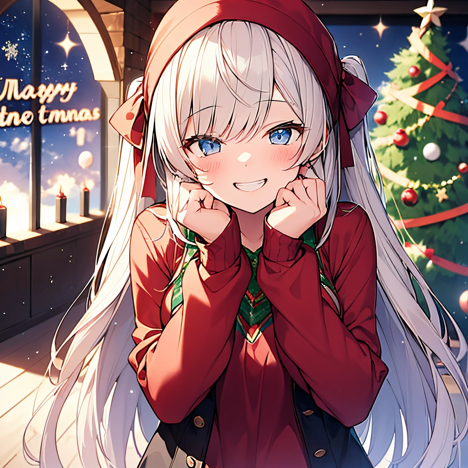 Anime girl with long white hair and red hat posing in front of christmas  tree - SeaArt AI