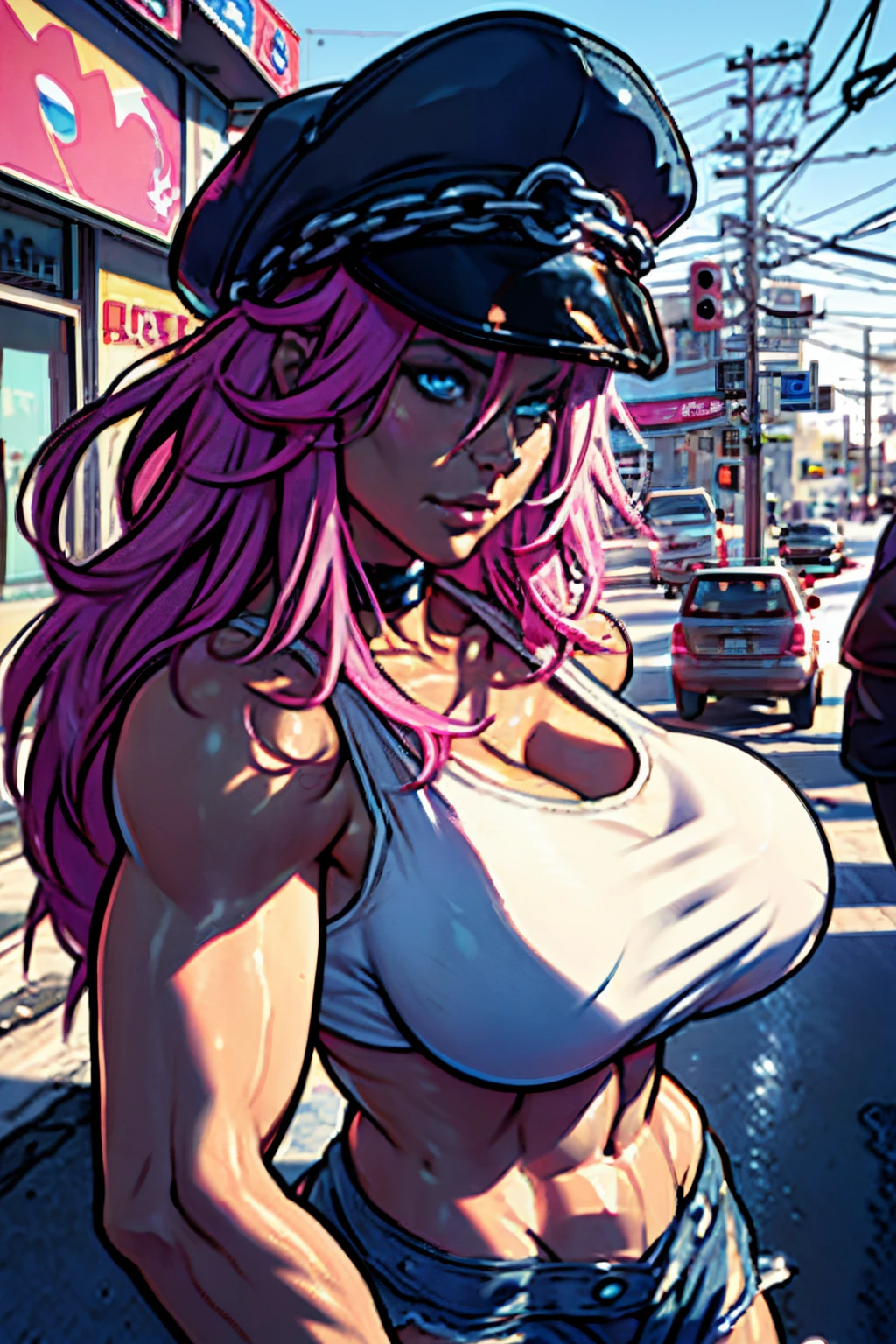 Anime girl with pink hair and a police hat on a city street - SeaArt AI