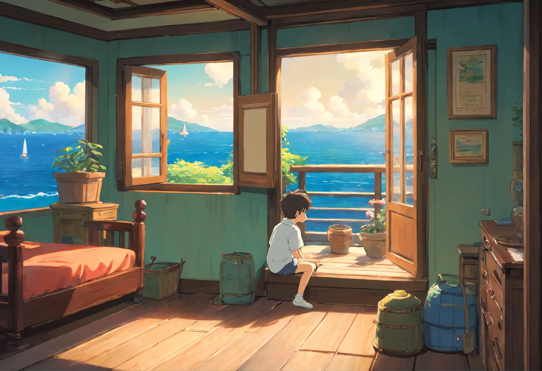 Anime scene of a girl sitting on a bed looking out a window - SeaArt AI