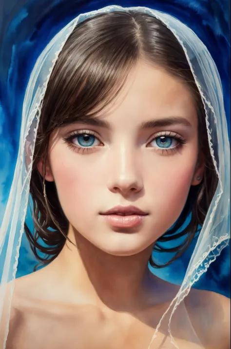 a young nymph with large mysterious eyes and dark hair wrapped in a transparent light veil, moral (Hugo Merle style), (Juicy pal...