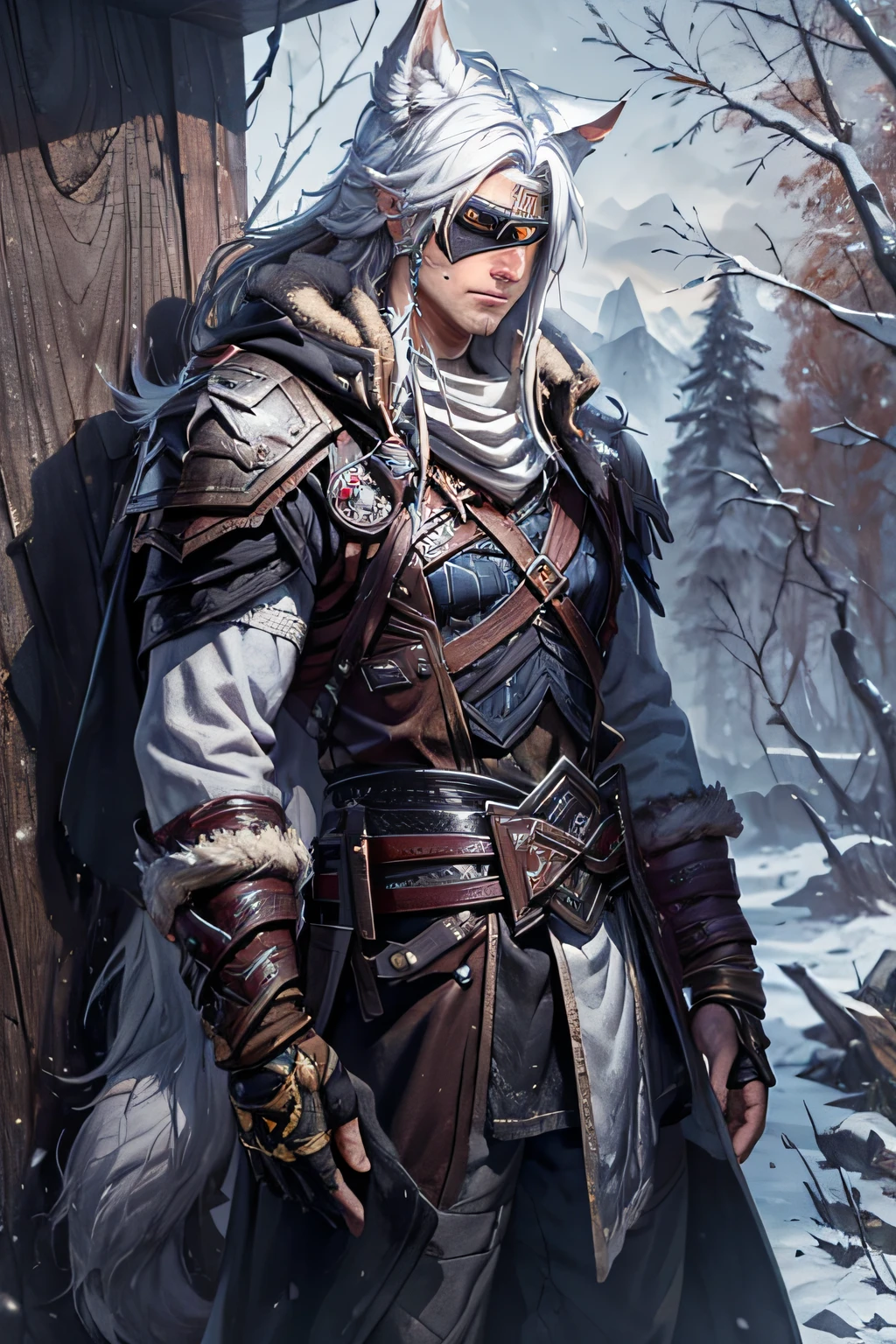 Personagem jovem masculino, pele clara. Long, white hair. Yellowish eyes and an eye patch just covering the right eye. Nordic style clothes. with wolf ears sticking out of the top of the head. Snowy forest scenery in the background. serious look. oil-painting. Fantasia. Fighter with black leather bands around his arms