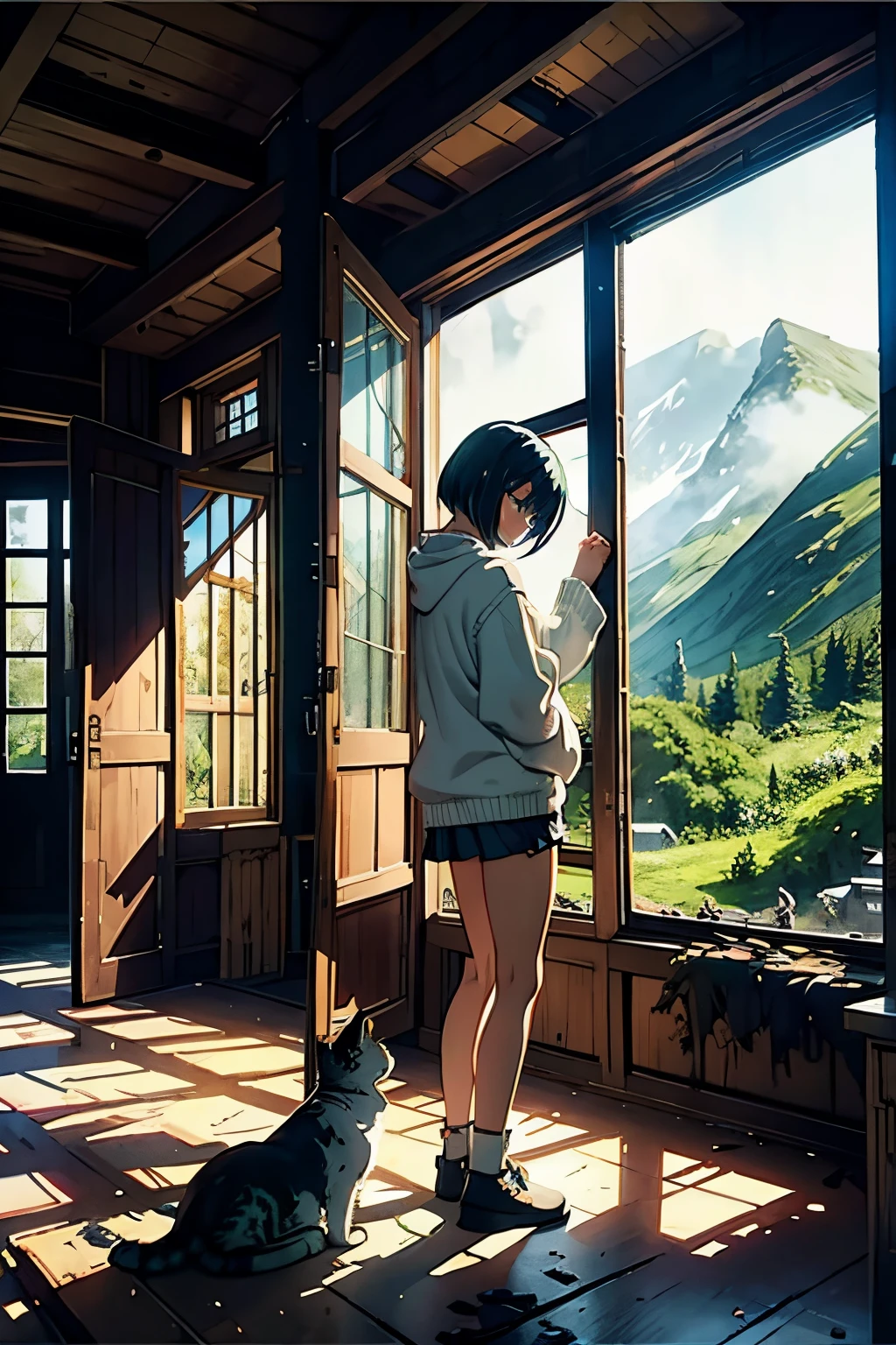 In a beautifully destroyed old castle、Peaceful creatures sleeping with the night sky、Semi-realistic anime style、Slim girl with cute short bob、She is wearing a white sweater and a green miniskirt、Standing by the window、Good Style、A big cat at his feet、There is a Norwegian Forest Cat