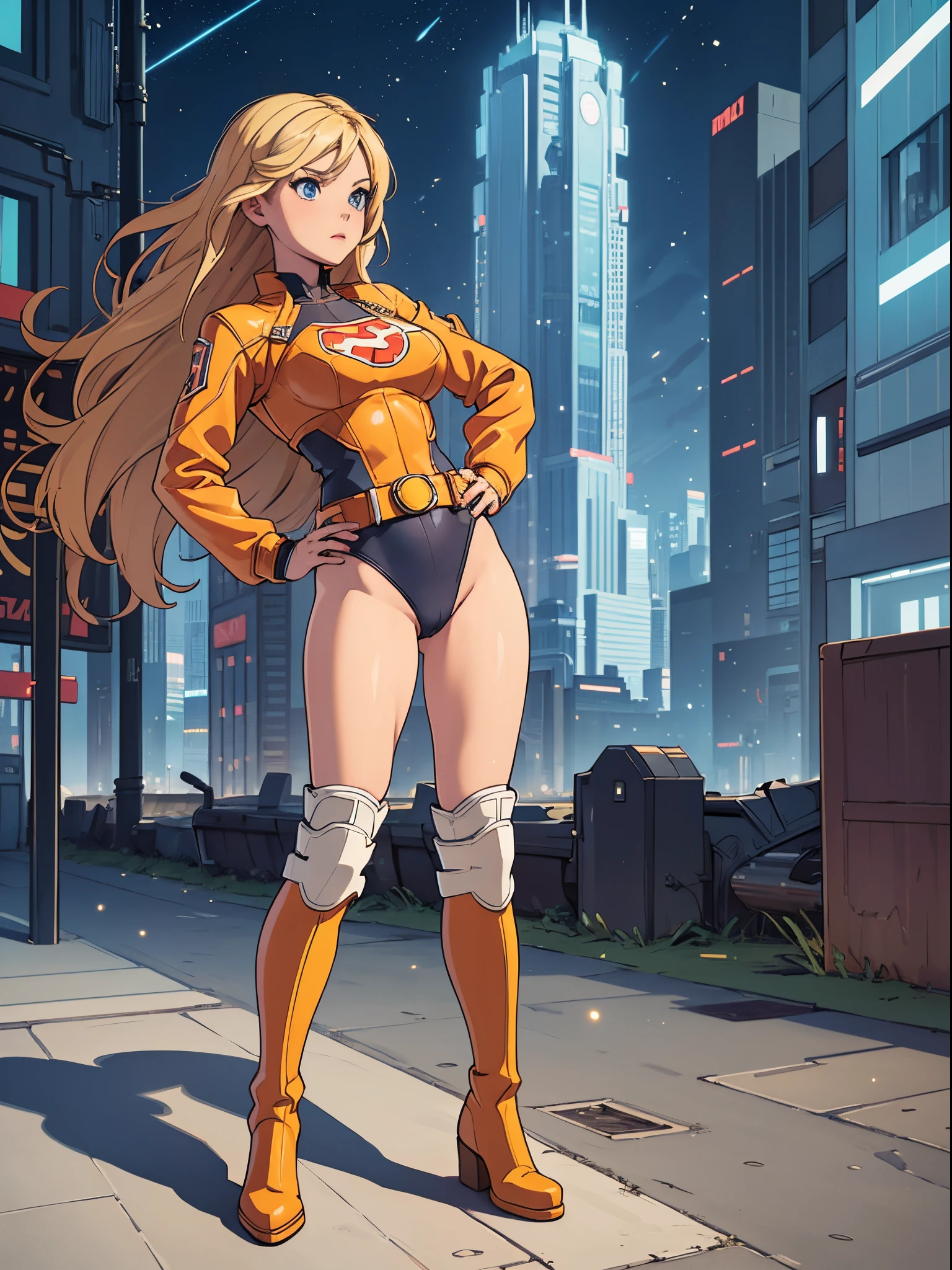 masterpiece, best quality, 1girl, superhero, leotard, bare legs, knee boots, matching boots, heroic, city backdrop, standing, body infused with energy, light particles, solo, single, cowboy shot, perfect anatomy, hand on hip, blonde hair, beautiful detailed eyes, belt