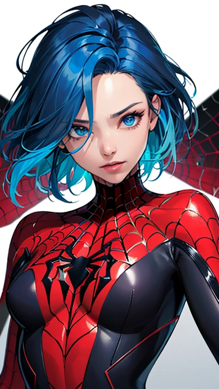 (melhor qualidade, obra de arte, colorida, Ângulo Dinâmico, highest detalhado) foto da parte superior do corpo, fotografia de moda fofa, cabelo azul com mechas pretas, traje rasgado do simbionte do homem-aranha,(texturas de resolução ultra-alta), em pose dinâmica, Bokeh, teia brilhante, (detalhes intrincados, hyperdetalhado:1.15), detalhado, luz passando pelo cabelo, colorida art flat background(Arte oficial, extreme detalhado, highest detalhado),