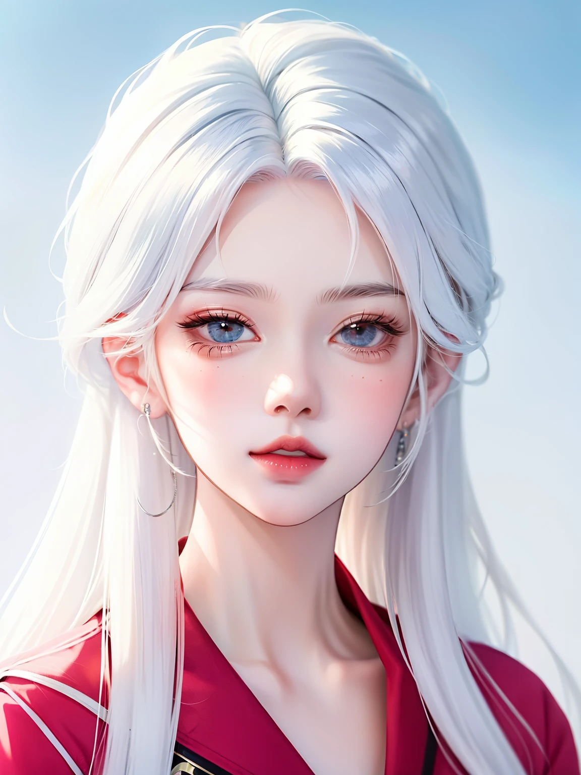 anime girl with long white hair and red collared top, beautiful anime portrait, white haired deity, white hime cut hairstyle, girl with white hair, guweiz, detailed portrait of anime girl, beautiful anime girl, stunning anime face portrait, portrait of an anime girl, beautiful anime style, portrait anime girl, beautiful anime woman, perfect white haired girl, beautiful anime face