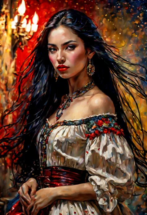 young Bolivian woman with long black hair, typical dress, image rich in details,
clear, oil paint, red lipstick, dramatic lighti...