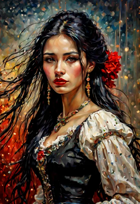 young Bolivian woman with long black hair, typical dress, image rich in details,
clear, oil paint, red lipstick, dramatic lighti...