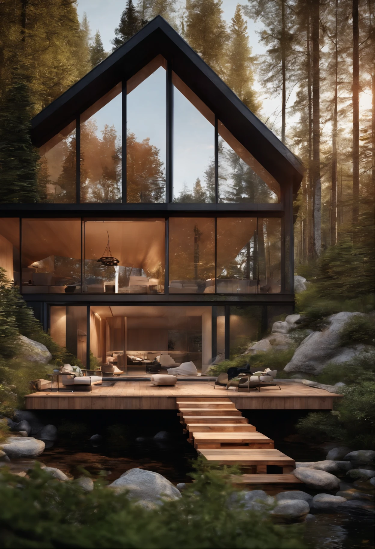 A rendering of a cabin in the woods with a wooden deck - SeaArt AI