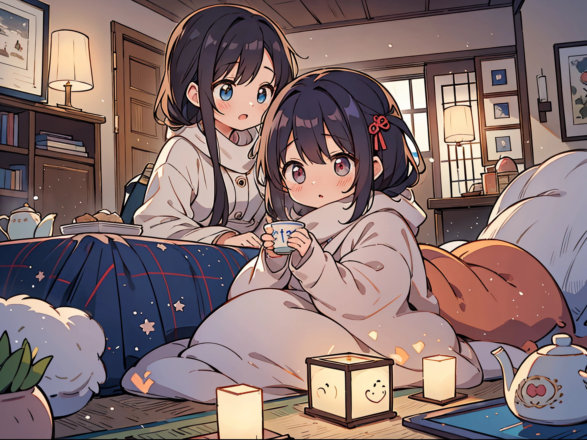 Imagen anime de dos chicas sentadas en una cama con una taza de té - SeaArt  AI