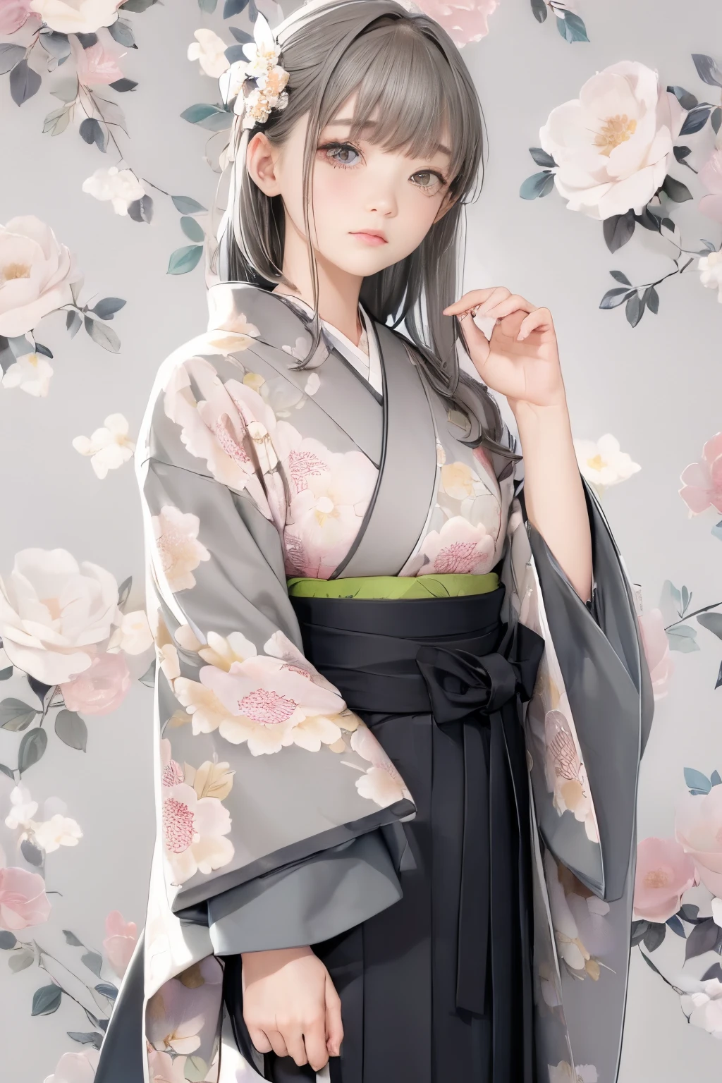 (((fondo floral gris:1.3)))、mejor calidad, Mesa, alta resolución, (((1 chica en))), dieciséis años,(((Los ojos son grises:1.3)))、kimono gris、((hermoso kimono gris)), Efecto Tindall, Realista, Estudio de sombras,Iluminación ultramarina, iluminación de dos tonos, (Máscaras de alto detalle: 1.2)、Iluminación de colores pálidos、iluminación oscura、 Cámaras réflex digitales, foto, alta resolución, 4k, 8k, Desenfoque de fondo,Desvanecerse maravillosamente、mundo de flores grises