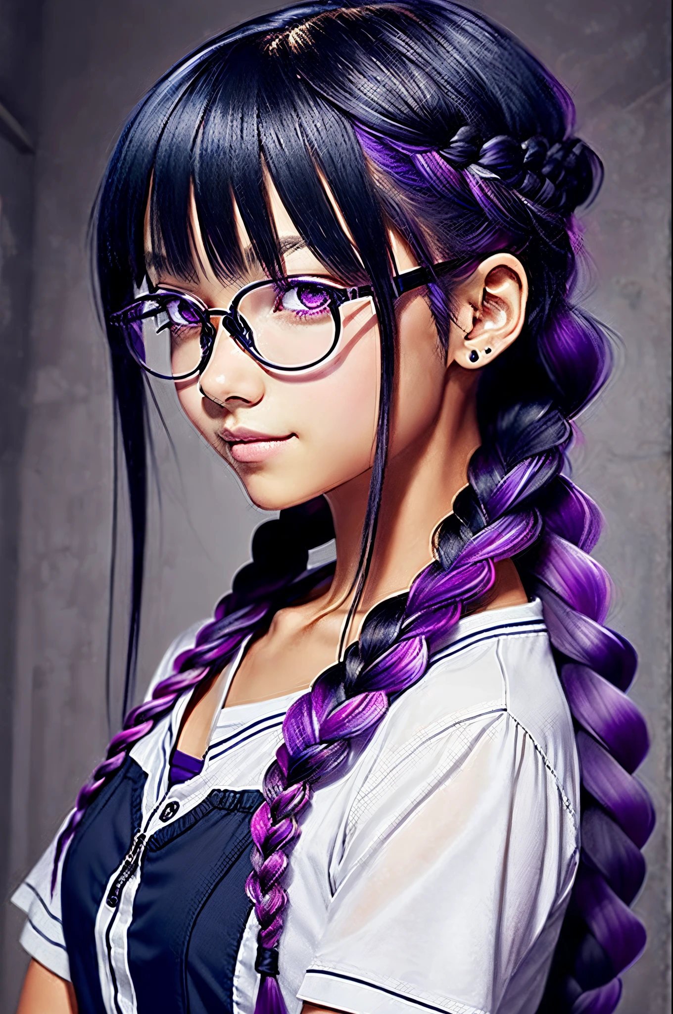 Puella magi madoka magica character with wavy black hair in 2 braids with diagonal straight cut bangs, dark skin, grey-purple eyes, glasses, black uniform, 17 years old,