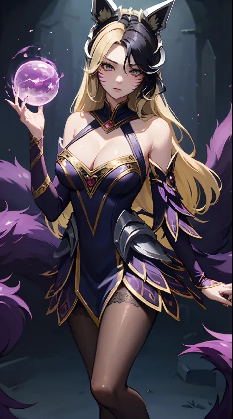 (masterpiece, best quality:1.2), intricate details, coven ahri, 1girl, dress, detached sleeves, cleavage, multicolored hair, blonde hair, black hair, animal ears, pantyhose, whisker markings, multiple tails, energy ball, upper body,