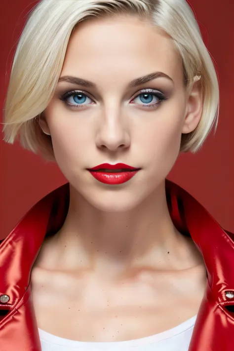 blonde woman, Short hair, light skin, Clear Eyes, wear bright red lipstick, red dress and jacket on a white background