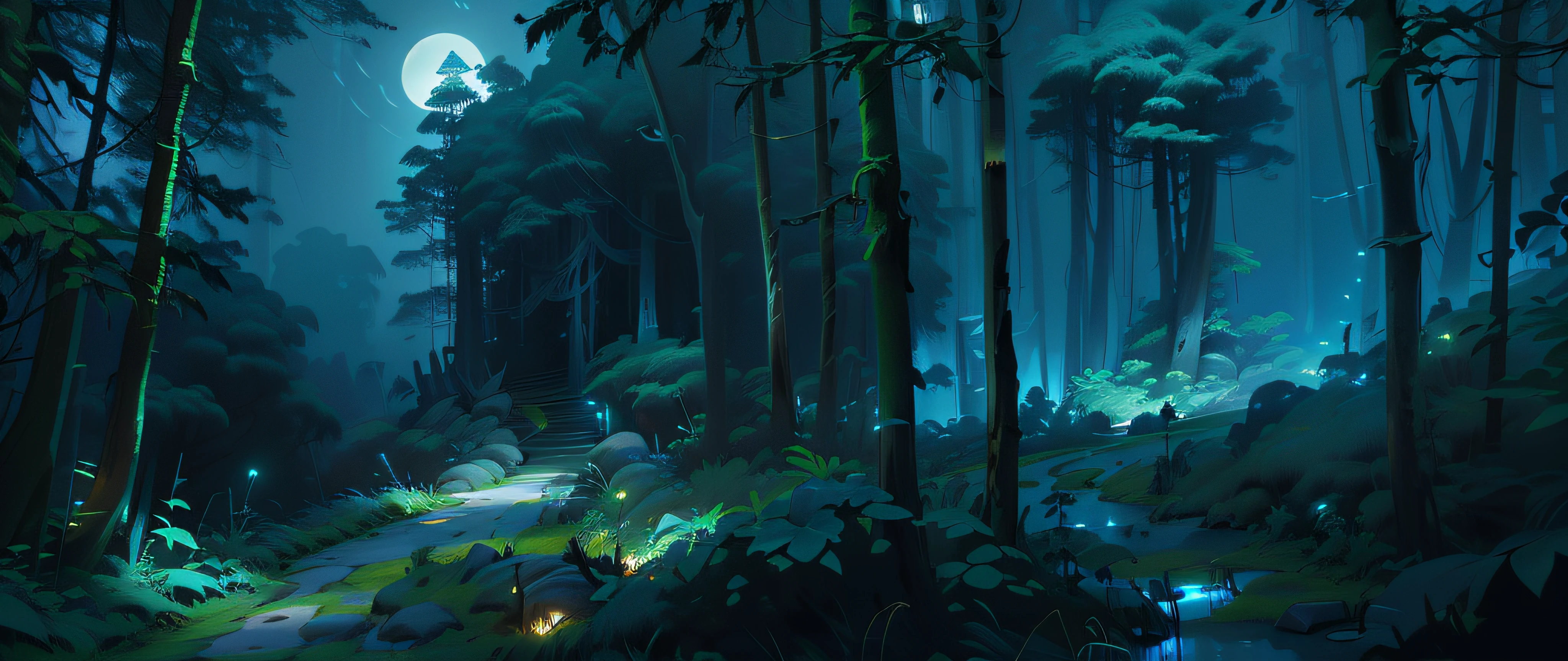 There is a painting，The painting is a forest with many trees, background artwork, moonlit forest environment, arte de fundo, Night forest background, Nocturnal forest, Enchanted forest background, Deep in the forest at night, Fantasy forest background, Fantasy Arkham background, Mysterious forest background, mysterious jungle painting, Quiet forest night scene, moonlit forest, Deep in the dense jungle at night