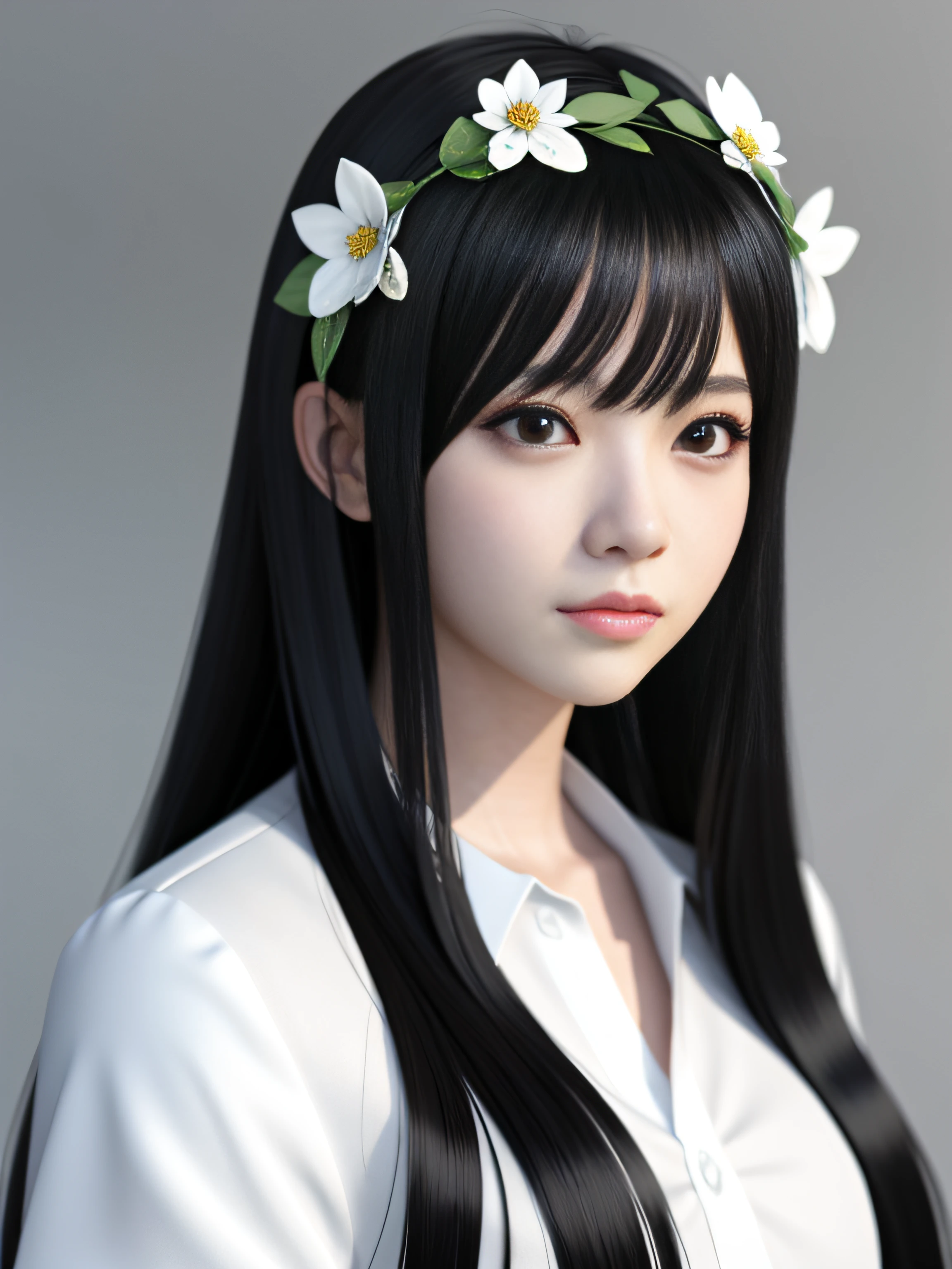 Anime-Mädchen mit langen schwarzen Haaren in weißem Hemd und Blumenkrone, schönes Anime-Porträt, Atemberaubendes Anime-Gesichtsporträt, schönes Anime-Mädchen, Kawaii realistisches Porträt, detailliertes Portrait eines Anime-Mädchens, Porträt Anime Mädchen, realistischer Anime-3D-Stil, realistic junges Anime-Mädchen, realistischer Anime-Kunststil, junges Anime-Mädchen, Anime-Realismus-Stil, realistischer Anime-Kunststil