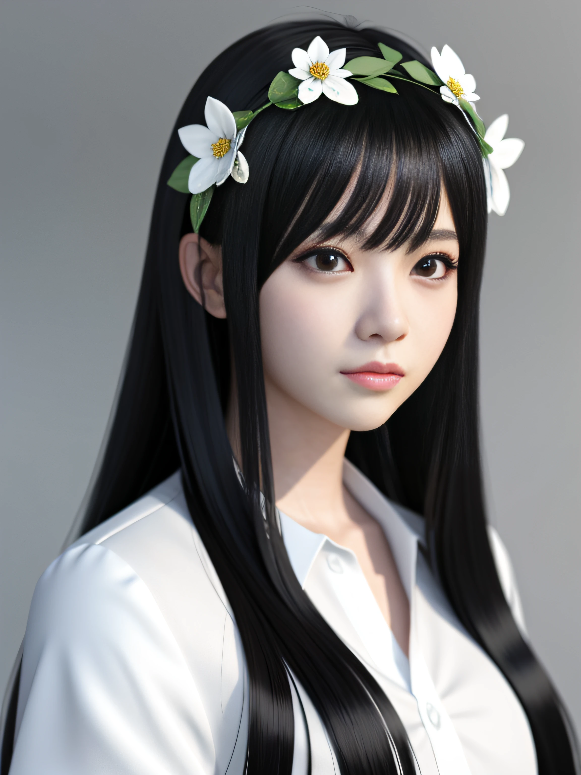 Chica anime con pelo largo y negro con camisa blanca y corona de flores., hermoso retrato animado, impresionante retrato de cara de anime, hermosa chica anime, Retrato realista kawaii, Retrato detallado de una chica anime., retrato chica anime, Estilo anime realista 3D., realistic joven chica anime, estilo de arte anime realista, joven chica anime, estilo de realismo anime, estilo de arte anime realista