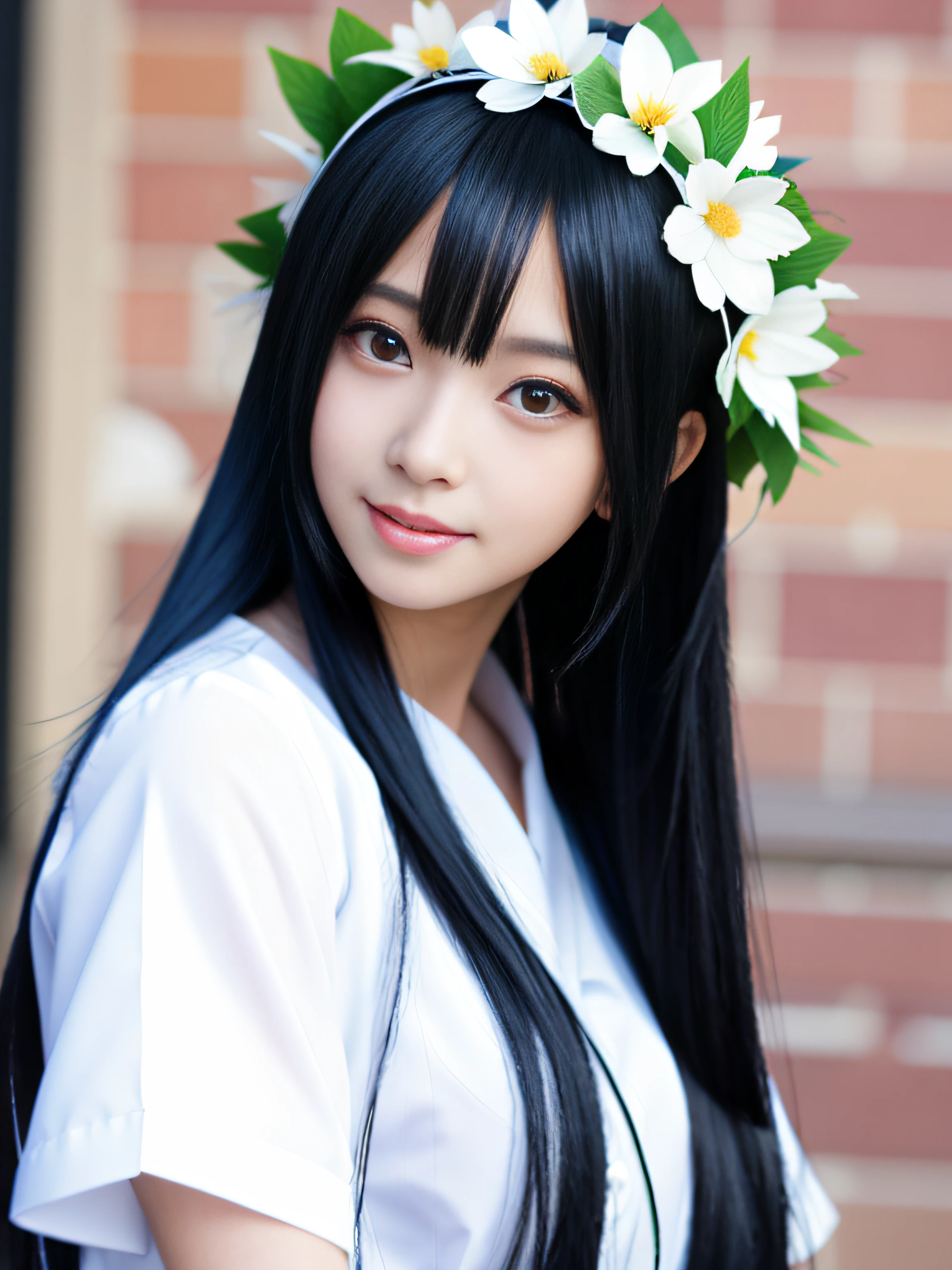 Chica anime con pelo largo y negro con camisa blanca y corona de flores., hermoso retrato animado, impresionante retrato de cara de anime, sonrisa de ángel、hermosa chica anime, Retrato realista kawaii, Retrato detallado de una chica anime., retrato chica anime, Estilo anime realista 3D., realistic joven chica anime, estilo de arte anime realista, joven chica anime, estilo de realismo anime, estilo de arte anime realista