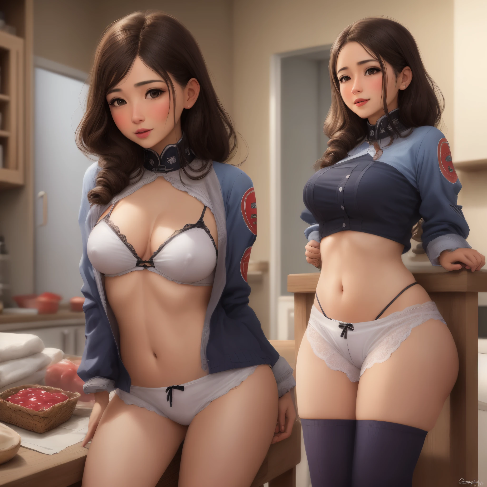 Two anime girls in underwear posing in a kitchen SeaArt AI