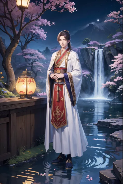 (Best quality,A high resolution,The image is clear:1.2),Ultra detailed backgrounds,Beautiful man standing，Chinese style clothes,,Garden scene,under moonlight,waterfall man，Crane，Romantic atmosphere,Dutch Angle Shot,gentlesoftlighting,shelmet