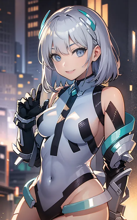 lightsmile, deva battle suit, outdoors, silver hair, bobhair, blue eyes, waist shot